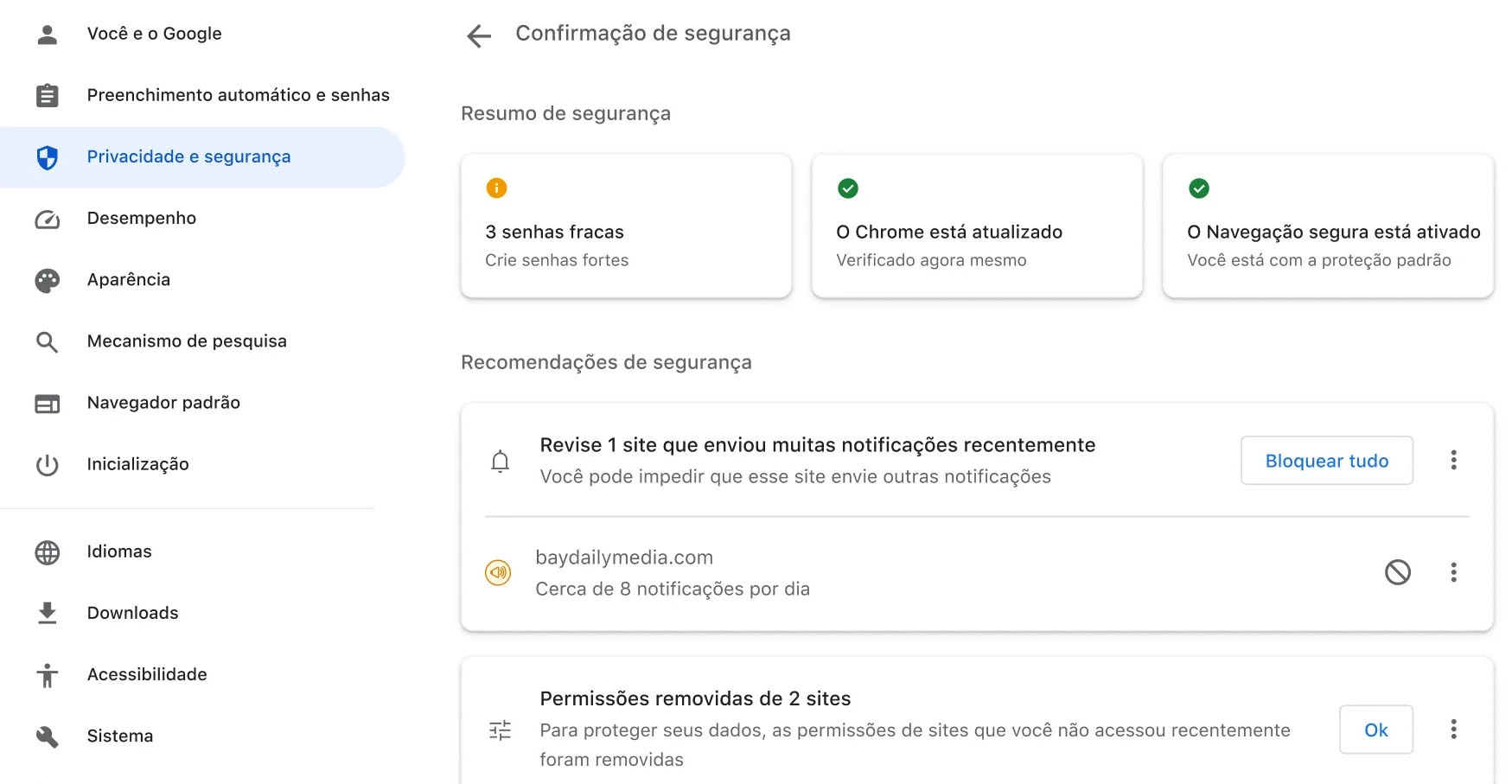 Captura de tela da aba privacidade e segurança do Google Chrome